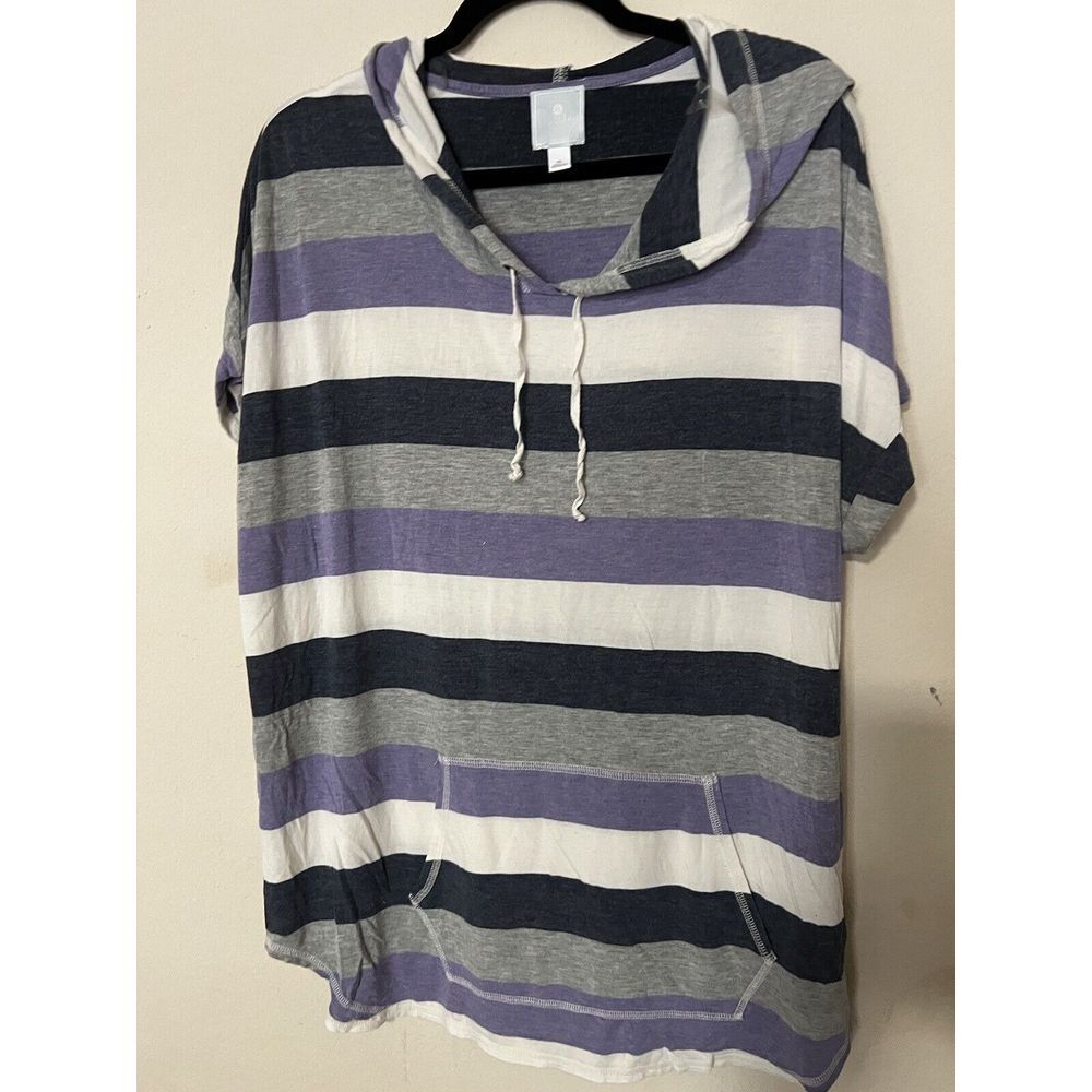 Sunday XL Ladies‎ Pullover Gray Purple Striped Drawstring Hooded Pocket